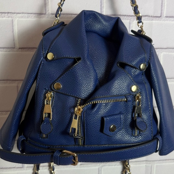 Blue Faux Leather Moto Jacket Style Backpack Purse Gold Chain Convertible Bag main image 4